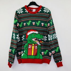 Holiday Classics Men's XXL Ugly Christmas Sweater Green T-Rex Dino Glitter NWT